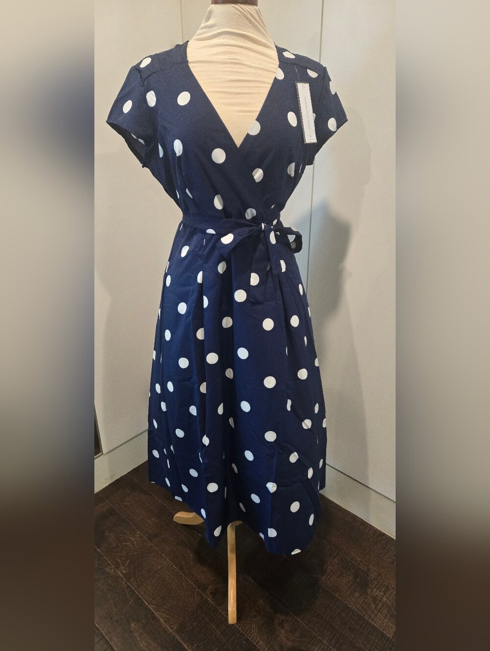 Goodnight Macaroon Navy/White Polka Dot Midi Dress